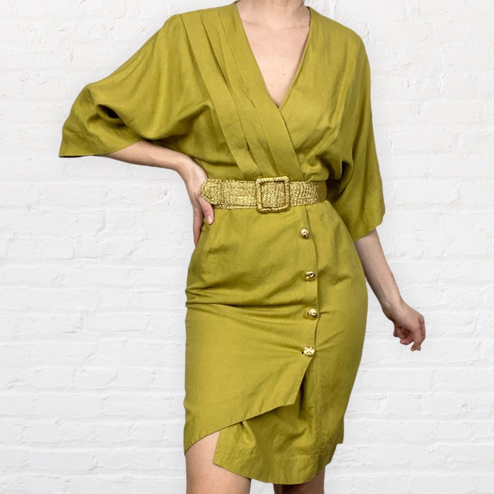 VINTAGE | 1980’s Barbara Barbara Sheen Green Linen Blend Parisian Wrap Dress - Picture 4 of 12
